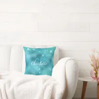Turquoise blue ocean metallic glitter monogram throw pillow