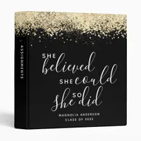 Black Glitter She Believed She Could Graduation 3 Ring Binder