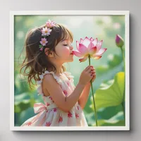 Pretty Little Girl Smelling a Pink Rose Peel And Stick Photo Tile