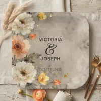 Moody Floral Watercolor Peach Cream Gold Wedding Paper Plates