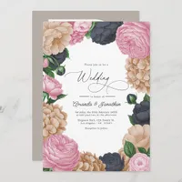 Charcoal, Light Taupe & Peony Pink Floral Wedding Invitation