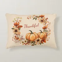 Thankful Pumpkin and Autumn Flowers Wreath Accent Pillow