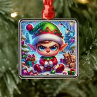 Funny Grumpy Elf Christmas Metal Ornament