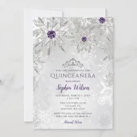 Silver Purple Snowflakes Tiara Quinceañera Invitation