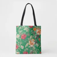 Retro Floral Elegant Patterned Flowers Green Tote Bag