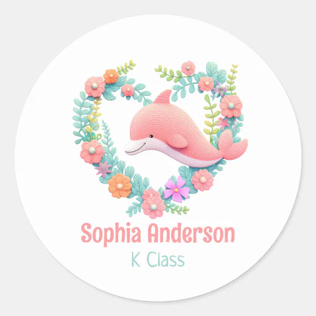 Floral Whale Heart Love Back To School Name Classic Round Sticker