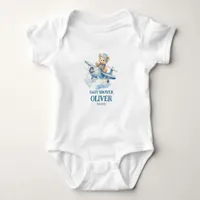 Cute Bear Blue Plane Time Flies One 1st Birthday Baby Bodysuit