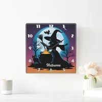 A witch brews up magic under a full moon square wall clock