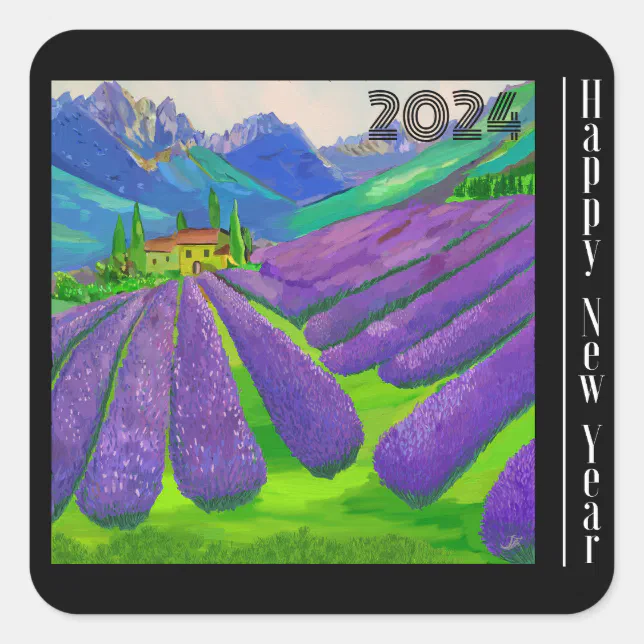 Happy New Year - Lavender fields in front of mount Square Sticker