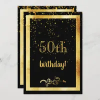 50th birthday party gold frame black invitation