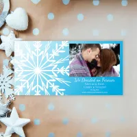 White Snowflake on Teal Blue Winter Wedding Save The Date