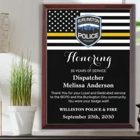 911 Dispatcher Retirement Custom Thin Gold Line  Award Plaque