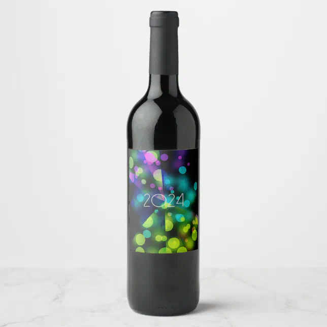 2024 new year with multicolor bubbles wine label