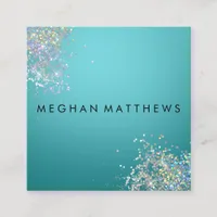 Teal Blue Silver Sparkles Beauty Square Business Card