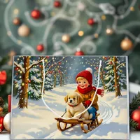 Vintage Christmas Scene, Boy on Sled with Puppy Large Gift Bag