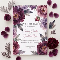 Moody Plum Burgundy Watercolor Floral Wedding Save The Date