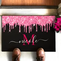 Monogram Hot Pink Dripping Glitter Black Door Mat