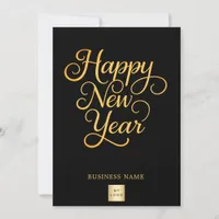 Happy New Year black gold script business logo Holiday Card