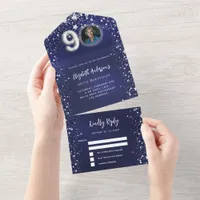 90th Birthday navy blue photo silver stars rsvp All In One Invitation