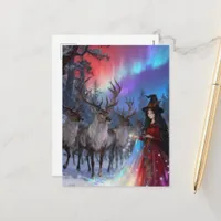 Witch and Reindeer Northern Lights Holiday Postcard