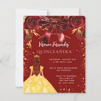 Quinceanera red gold dress bow floral invitation