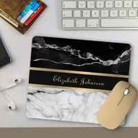 Modern Trendy Black and White Marble Gold Stripes Mouse Pad