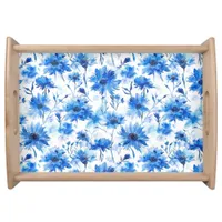 Large Watercolor Style Cornflower Type Blue Flower Serving Tray