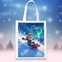 Joyful Christmas Elf Sledding  Grocery Bag