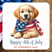 Patriotic Puppy Golden Retriever Happy 4th Of July Square Sticker