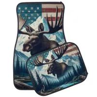 Majestic Moose Against Mountains and American Flag Car Floor Mat