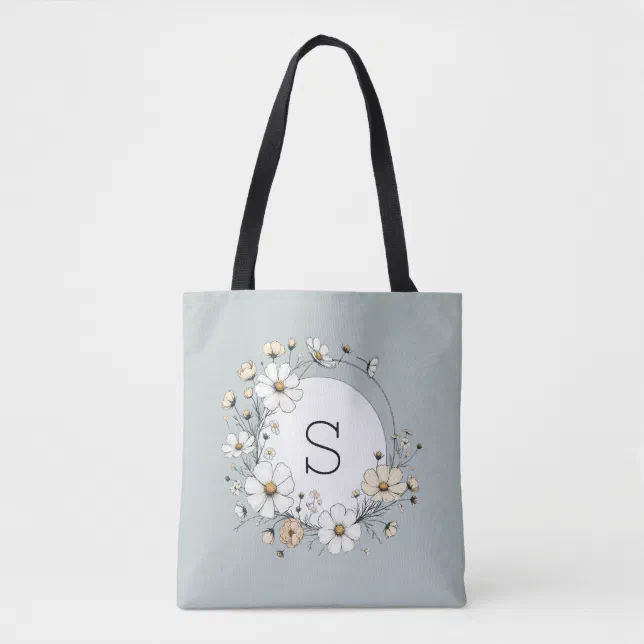 Custom Floral Monogram Boho Chic Sage Green Tote Bag