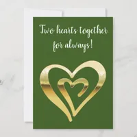 Two hearts together metallic gold green holiday card