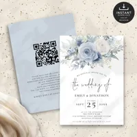 Modern Dusty Blue Florals QR Code Wedding Invitation