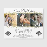 Modern Trendy Script 3 Photo QR CODE Save The Date Magnetic Invitation