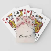 Watercolor Cherry Blossom Floral Girly Script Name Poker Cards