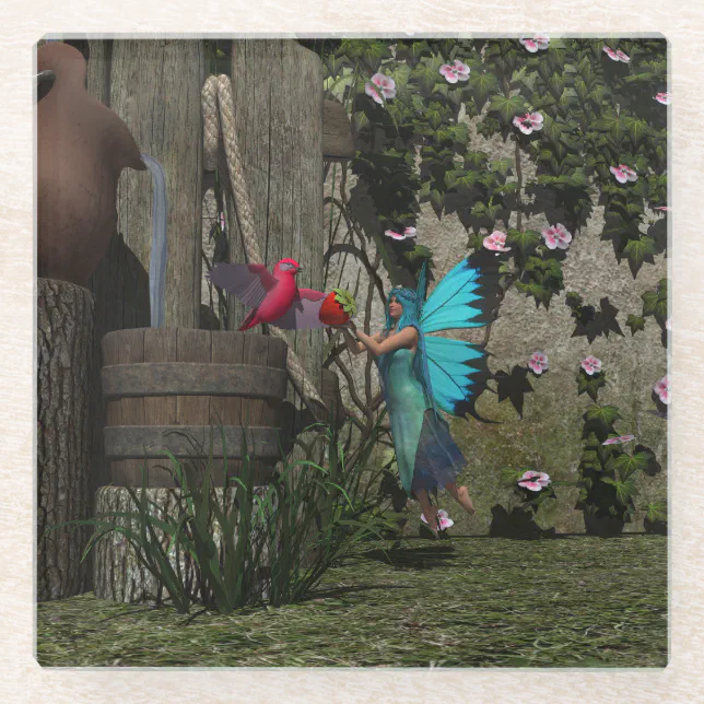 Cute Fairy Feeding a Bird Glass Coaster