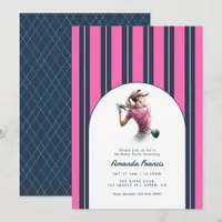 Navy, White & Hot Pink Preppy Ladies Golf Birthday Invitation