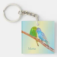 Cute kissing budgies -acrylic on pastel background keychain