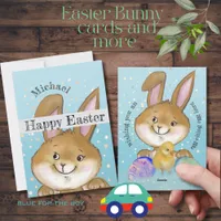 Watercolor Easter Bunny Kids Blue Holiday Card