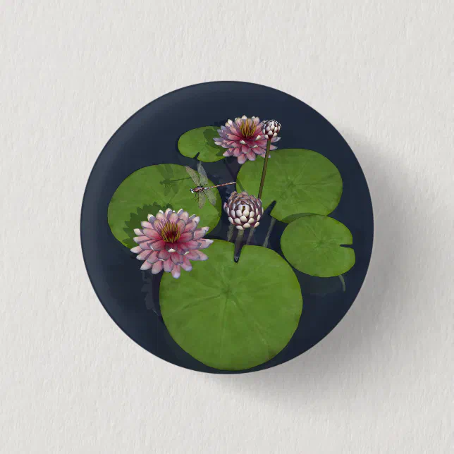 Pretty Pink Water Lily and Dragonfly Pinback Button