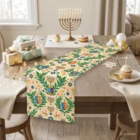 Festive Cream Blue Hanukkah Pattern Short Table Runner