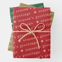 Season's Greetings Star Red Green Gold Christmas Wrapping Paper Sheets