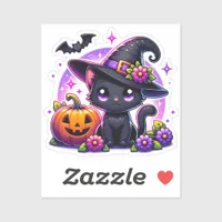 Cute Chibi Halloween Black Cat and Pumpkin Sticker
