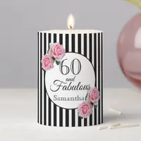 60th birthday pink roses black white stripes pillar candle