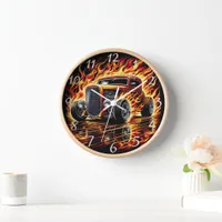 Vintage hot rod blazing through fiery reflections clock