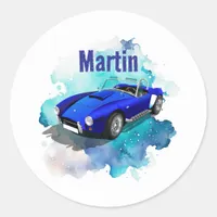 Classic Retro Blue Sports Car Birthday Adventure Classic Round Sticker