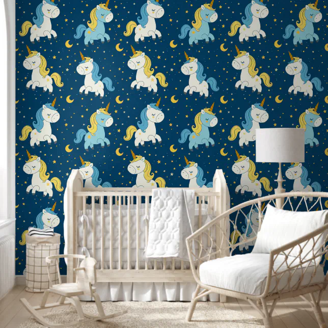 Cute Unicorn flying in Sky Moon Stars Pattern Wallpaper