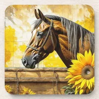 Horse and Sunflower Beautiful AI Art Beverage Coaster