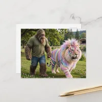 Sasquatch and a Cute Mythical Pet Big Cat Postcard