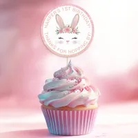 Pink Glitter Floral Bunny 1st Birthday Party Favor Classic Round Sticker